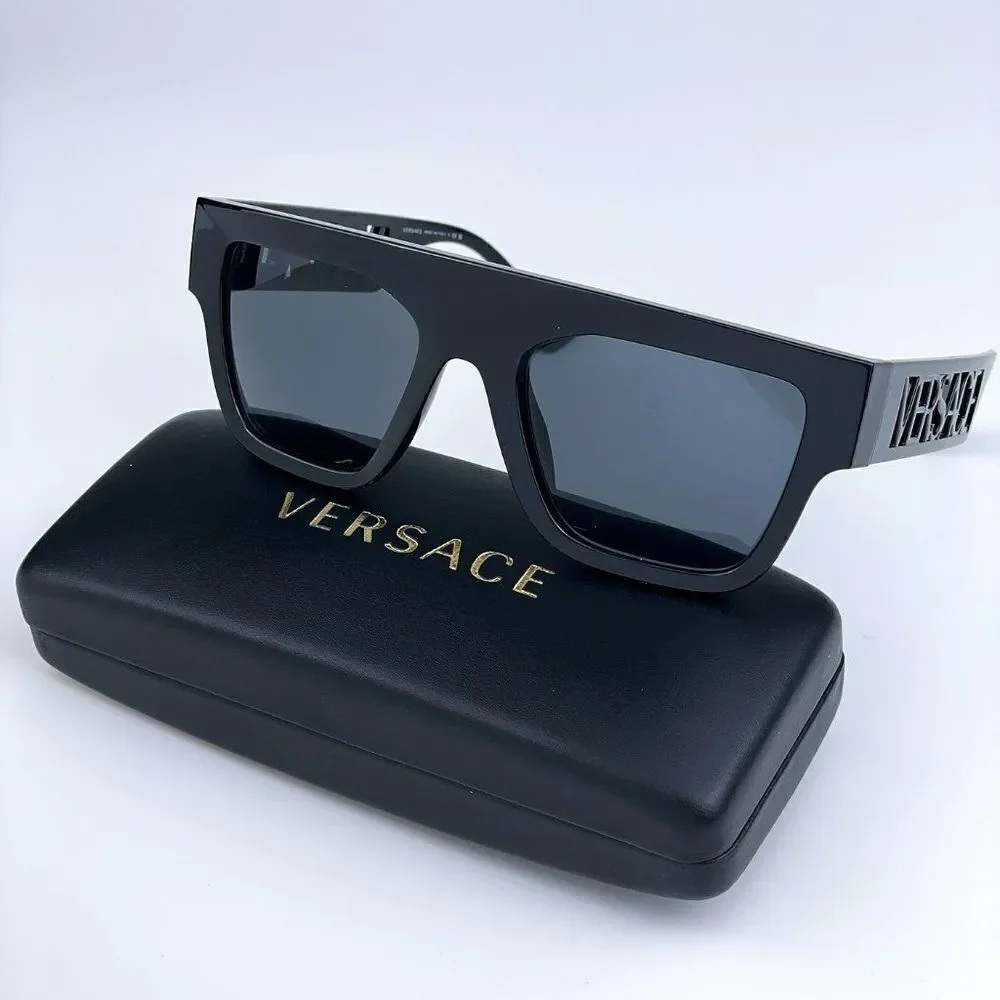 NEW Versace VE4430U GB1/87 Black Dark Grey Frame Logo Square Men Sunglasses